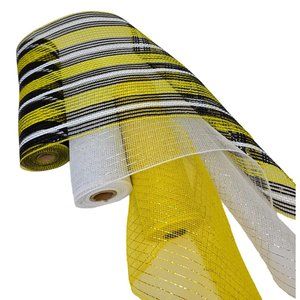 Bumblebee 10" Wide Poly Mesh Ribbon Rolls, 10 Yards (Yellow, Stripes, White)